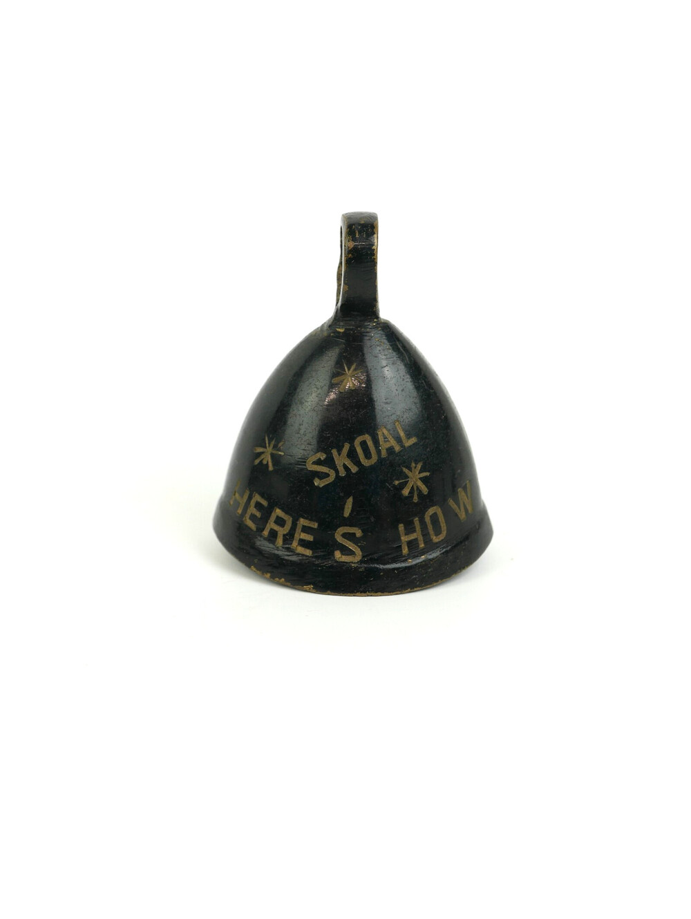 Vintage Bell of Sarna India Brass Bell Black Skoal Heres How Saluda Votre Sante